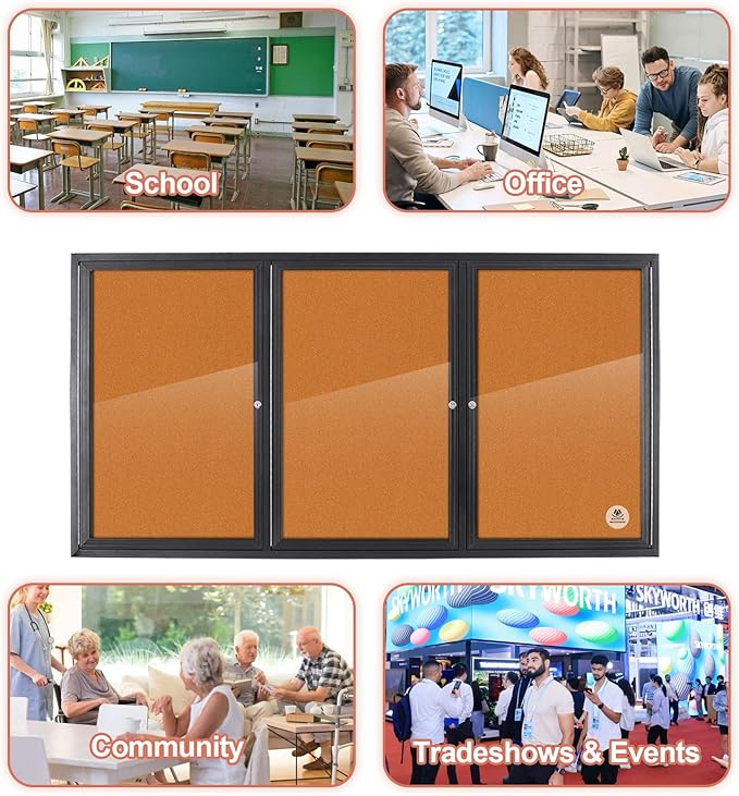 Enclosed Bulletin Board Lockable,3 Doors Weatherproof Outdoor Noticeboard with Locking Door, Wall-Mounted Aluminum Framed Presentation Board, 70x36 Inch