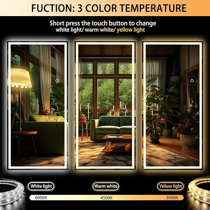 Hasipu Full Length Mirror with Lights, 71" x 24" LED Lighted Floor Standing, Full Body Dressing Hanging Mounted Mirror, Dimmable, Tempered Glass, Safe to Use, Square White