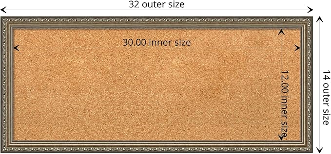 Amanti Art Natural Cork Board for Wall, 14x32 Vision Board with Silver Wood Frame, Medium Corkboard Office Decor for Home Organization, Traditional Corkboard Pinboard to display items for home