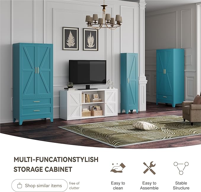 Metal Wardrobe Cabinet with Hanging Rod, 71" Armoire Wardrobe Closet with 2 Drawers,Farmhouse Metal Clothing Storage Cabinets with Door and Adjustable Shelves for Bedroom,Laundry Room(Blue)