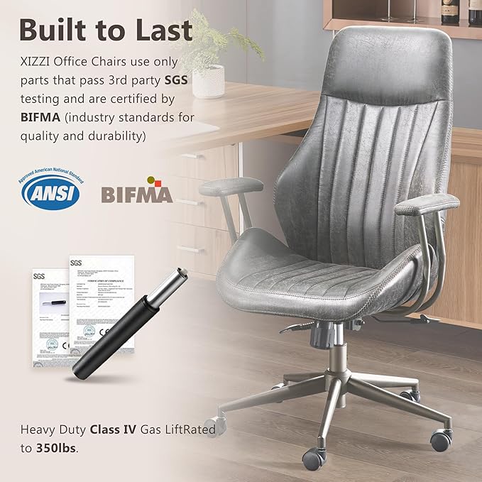 Mid Century Modren Office Chair - High Back Swivel Executive Chair with Lumbar Support,Ergonomic Computer Desk Chair with Wheels,Faux Lether Suede Task Chair,350lbs (Grey, High Back)