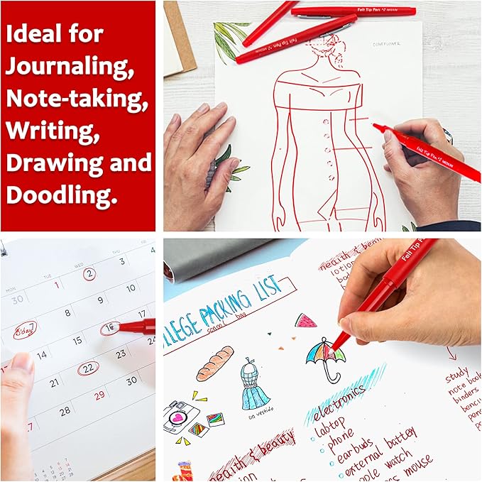 Lelix Felt Tip Pens, 30 Red Pack, 0.7mm Medium Point, Felt Tip Markers Pens for Journaling, Writing, Note Taking, Planner, Perfect for School Office and Art Supplies