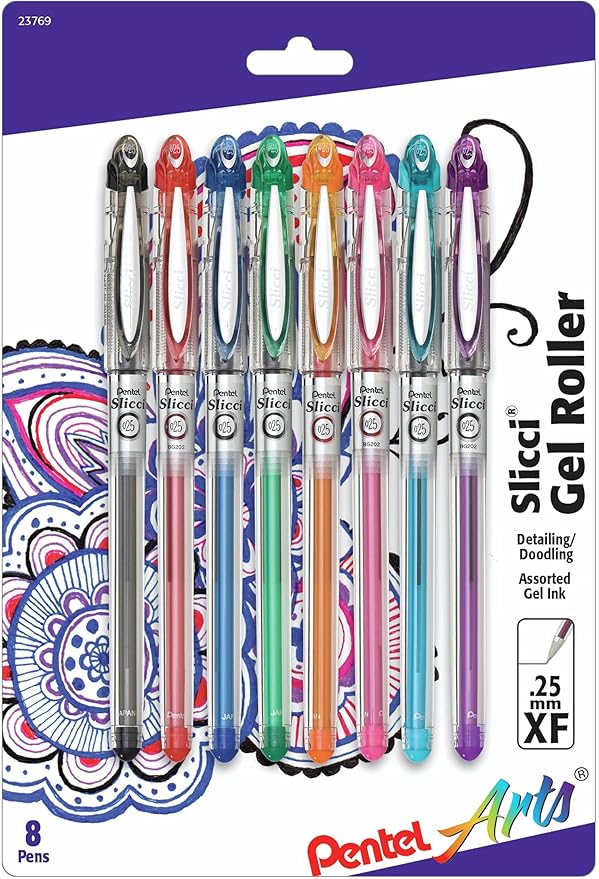 Pentel Arts Slicci 0.25 mm Extra Fine Gel Pen, Assorted Ink, 8 Pack (BG202BP8M)