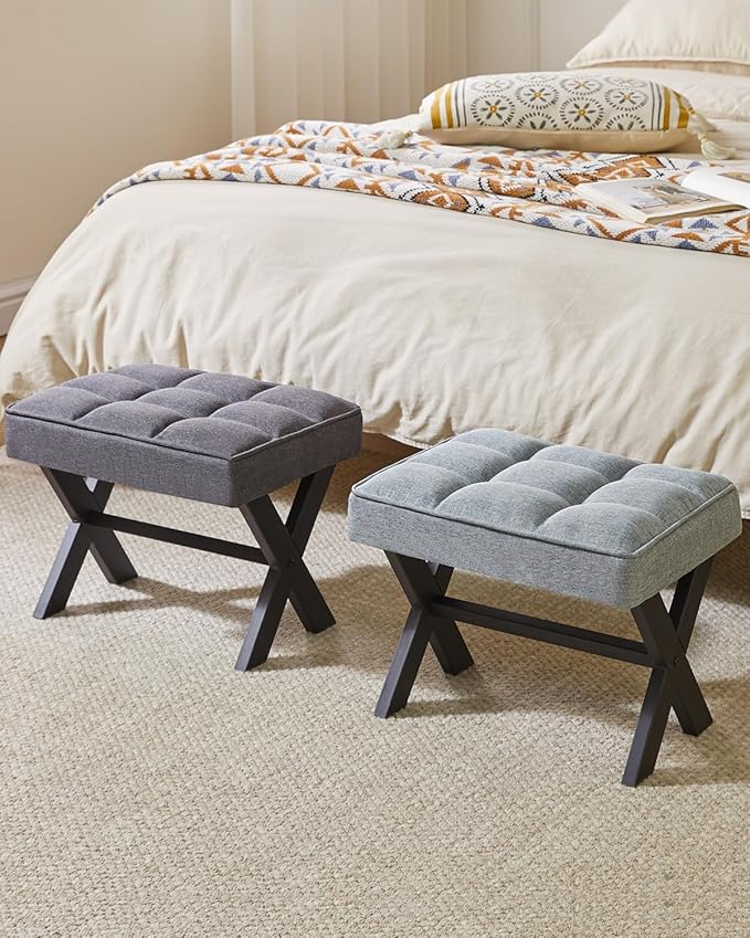 IBUYKE Small 12" H Footrest Stool, Square Linen Foot Stool with Metal X-Leg, Multi-Use as Small Side Table, Step Stool for Living Room, Bedroom, Entryway, Office, Blue Gray WBD011L