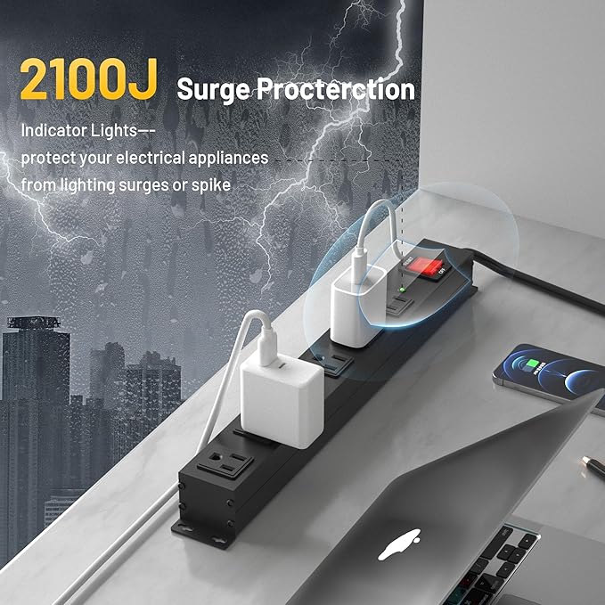 KF 6 Outlet Metal Wall Mount Power Strip, 2100J Surge Protection Heavy Duty Power Strip, 15A/1875W Mountable Power Strips with Upgraded Switch, 14AWG 12FT Power Cord