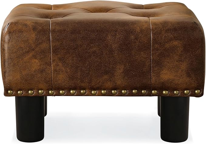 LUE BONA Small Tufted Foot Stool, Yellowish Brown Rivet Faux Leather Footrest with Plastic Legs, 9''H, Rectangle Foot Stools for Adult with Non-Slip Pads, Sofa Footstool for Living Room, Couch