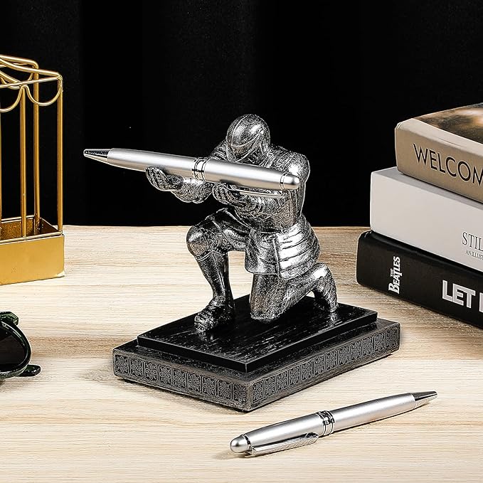 Spakon Knight Pen Holder with 2 Pens Resin Desk Organizers and Accessories Funny Executive Pen Stand Fancy Cool Office Gadgets Cool Desk Decorations for Men Home Supplies(Classic,Iron)