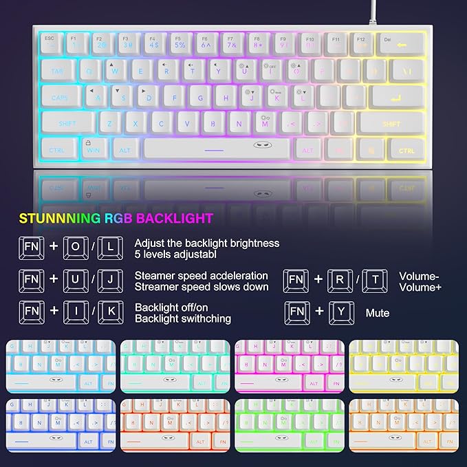 MageGee Mini 60% Gaming Keyboard, Upgrade RGB Backlit 61 Key Ultra-Compact Keyboard, TS91 Ergonomic Waterproof Mechanical Feeling Office Computer Keyboard for PC, MAC, PS4, Xbox ONE Gamer(White)