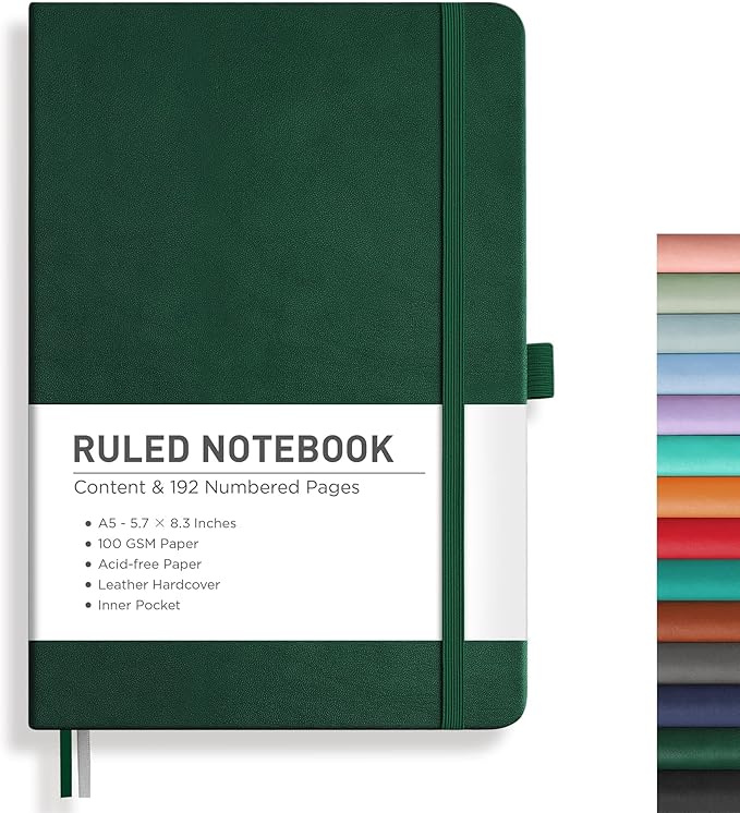 RETTACY Lined Journal Notebook, 192 Numbered Pages, A5 Medium Size (5.7'' x 8.3''), for Men & Women, Journaling, Writing, Work & Office, Leather Hardcover, 100 GSM Thick Paper (Dark Green)