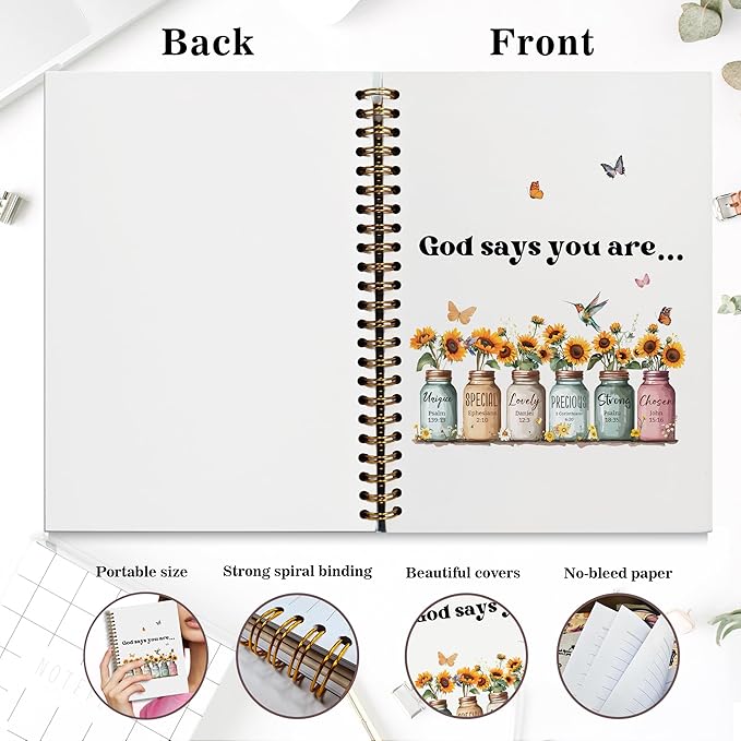 Bible Notebook, A5 Spiral Christian Journal with Sunflower Notebook, Bible Verse-God Says You Are, Inspirational Notebooks for Women, Bible Study, Gift for Birthday Christmas, Office Supplies