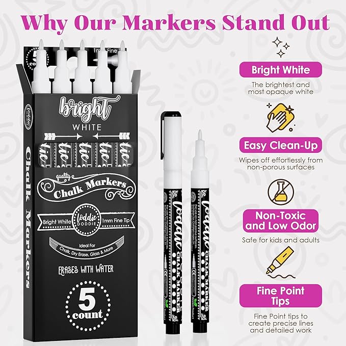 Loddie Doddie Fine Liquid Chalk Markers for Chalkboard - 5 Count Erasable Low-Odor White Chalkboard Markers with Fine Tip - White Chalk Pens - Erasable Pens