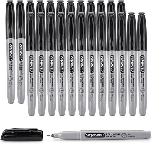 Ultra Fine Permanent Marker Bulk,24 Pack Ultra Fine Point Black Permanent Marker set, Felt Tip Pens Works on Plastic, Wood, Stone, Metal and Glass for Doodling, Marking