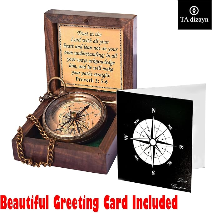 Trust in The Lord With All Your Heart - Proverbs 3:5-6 Quote Engraved Compass With Wooden Box, Greeting Card, Gift Compass, Graduation Day Gifts 2024 for Women Men Boys Girls