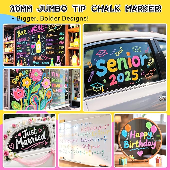 Jumbo Chalk Window Markers for Cars Glass Washable: 8 Colors Liquid Chalk Markers Pen with 10mm Wide Tip, Chalkboard Marker, Window Paint Marker for Car Window, Blackboard, Auto Windshield Decorations