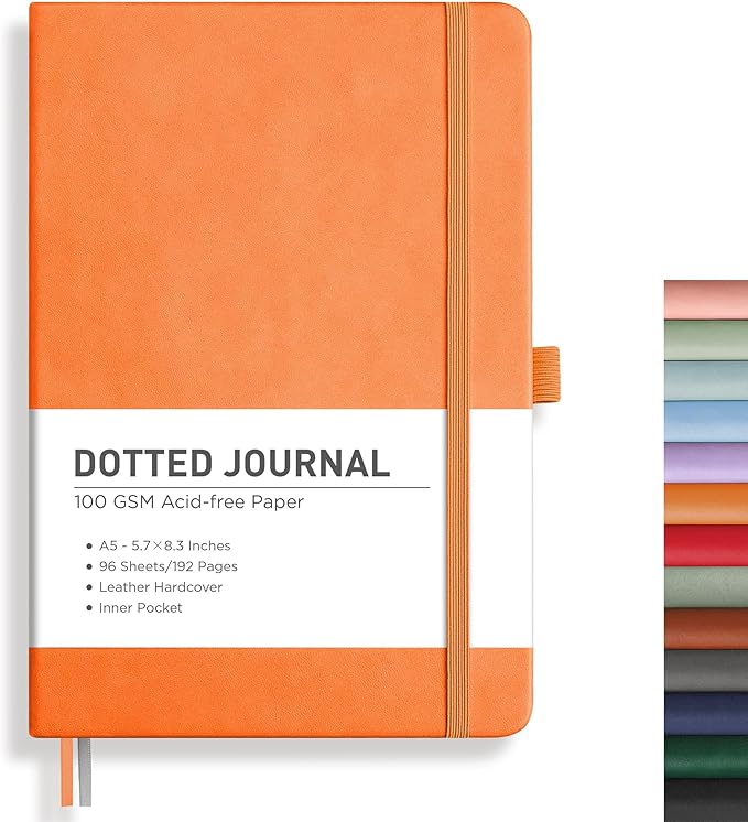 RETTACY Bullet Dotted Journal Notebook, 192 Pages, A5 Medium Size (5.7'' x 8.3''), Leather Hardcover, 100 GSM Thick Paper, for Bullet Journaling, Planning, Tracking (Orange)