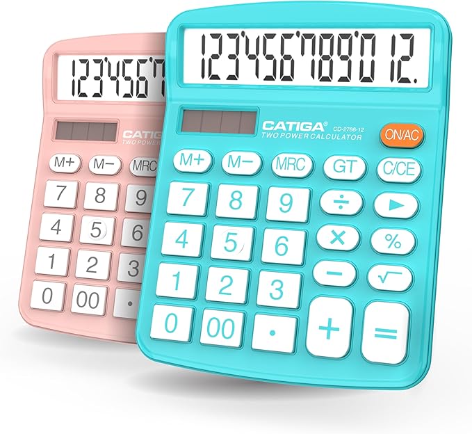 CATIGA Desktop Calculator (2 Pack) 12 Digit with Large LCD Display and Sensitive Button, Solar and Battery Dual Power, Standard Function for Office, Home, School, CD-2786 (Light Blue/Light Pink)