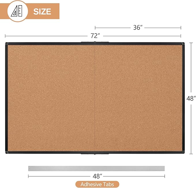 Board2by Extra Large Cork Bulletin Board 72" X 48", Foldable Notice Pin Board for Wall, Black Aluminium Framed 6'x4' Corkboard, Wall Mounted Noticeboard with 32 Push Pins for School, Home & Office