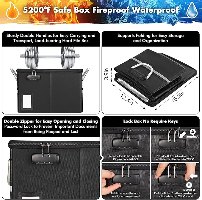 TOMKID 5200°F Fireproof Document Box, Fire Important Document Organizer with Lock, Upgraded Heat Insulated Filing Storage Cabinet Office Organization (5200°F Fireproof Box, Black)