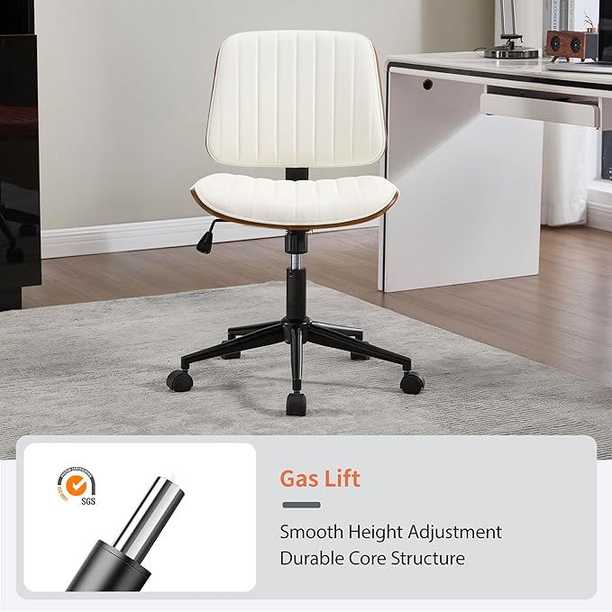 Small Home Office Chair - Armless Mid Back Desk Chair with 360° Swivel and Wheels, PU Upholstered Height Adjustable Modern Walnut Computer Chair for Home, Office Meeting Room - White