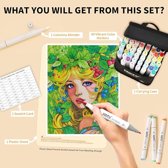 Alcohol Markers Brush and Fine Tip 50 Colors Dual Tips Art Marker Set Alcohol-based Sketch Pens with Carrying Case，Non-Bleeding Pad for Art Enthusiast Adults Coloring Illustration