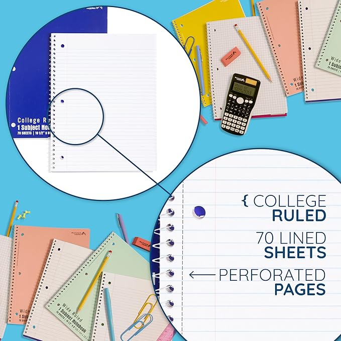 Blue Summit Spiral Notebooks Bulk, One Subject Spiral Notebook College Ruled, Perforated Notebook, 8 x 10.5 for Work and School, Paper, College Ruled, Bulk 24 Pack