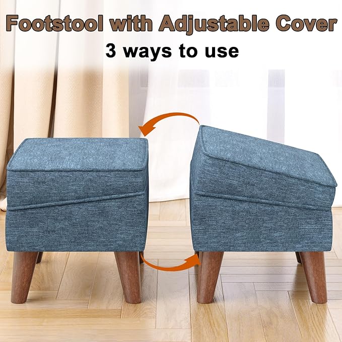 Small Footstool Ottoman with Storage, Ottoman Foot Rest, Modern Foot Stool with Adjustable Lid and Sturdy Wood Legs for Living Room, Bedroom, Couch, Enterway, Blue