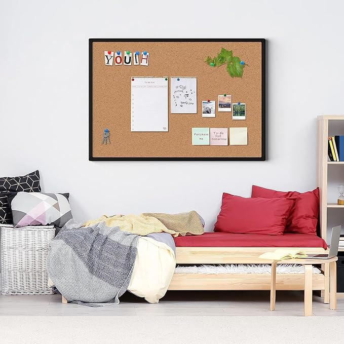 Board2by 2-Pack Cork Board Bulletin Board 24 x 18, Black Aluminium Framed Corkboard, Office Board for Wall Cork, Large Wall Mounted Notice Pin Board with 32 Push Pins for School, Home & Office