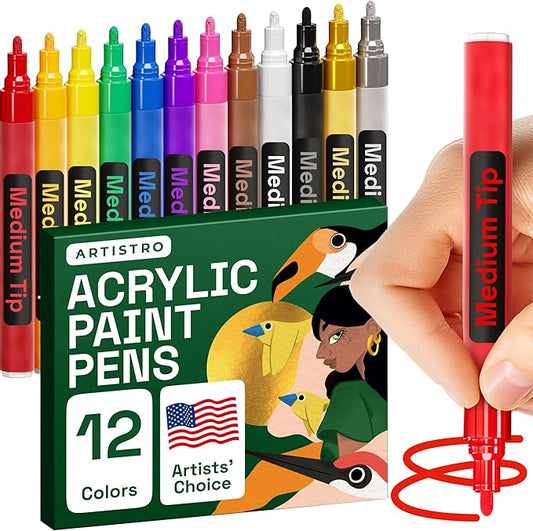 ARTISTRO 12 Fabric Paint Markers Medium Tip - Easy for All Ages & Levels - Acrylic Paint Pens for Fabric, Rocks, Paper, Wood, Canvas, Glass, DIY