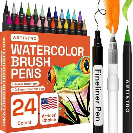 ARTISTRO 24 Watercolor Markers with Flexible Paint Brush Pens for Pros & Beginners - Consistent, Smooth, Bright, Washable, Non-Toxic, Ideal for Coloring, Calligraphy, & Manga