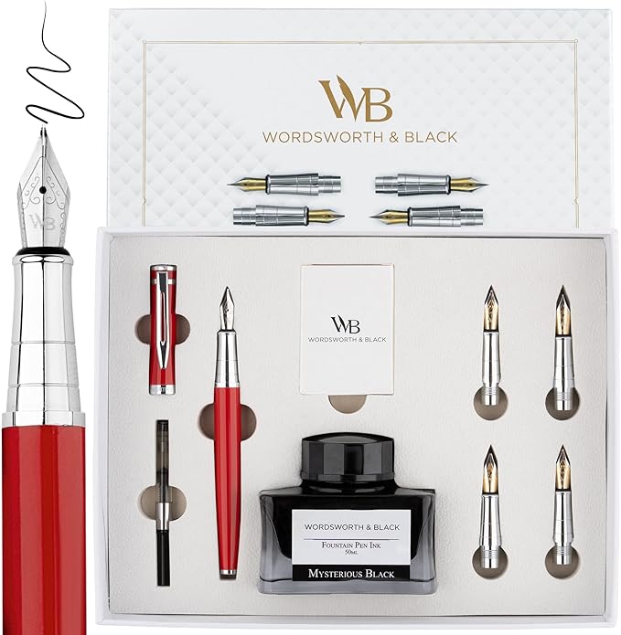 Wordsworth & Black Fountain Pen Gift Set, Includes Bottle, 6 Cartridges Refill Converter, 4 Replacement Nibs, Premium Package, Journaling, Calligraphy, Smooth Writing Pens [Red Chrome]