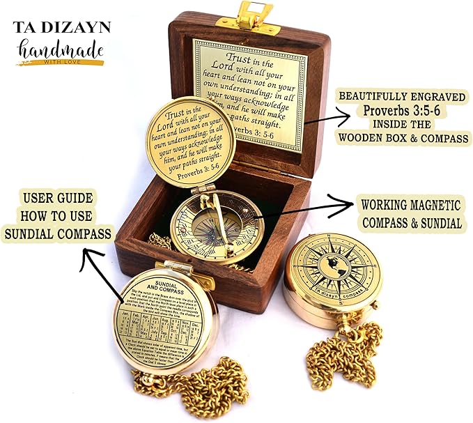 Trust in The Lord With All Your Heart - Proverbs 3:5-6 Quote Engraved Compass With Wooden Box, Greeting Card, Gift Compass, Graduation Day Gifts 2024 for Women Men Boys Girls