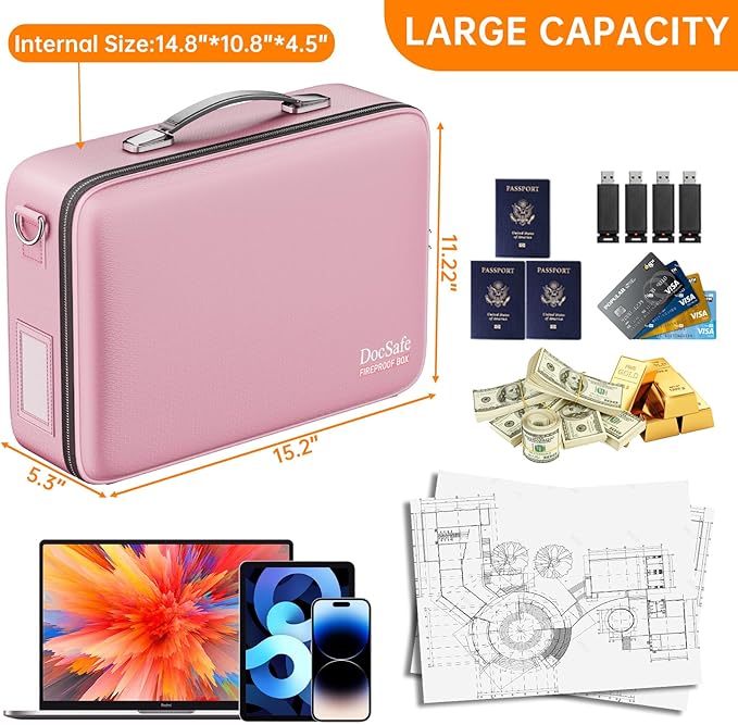 DocSafe Fireproof Document Box with Lock, Hard Case File Organizer with Accordion File Folder, Fireproof Water Resistant Safe Box Home Office Travel Storage for Important Documents Laptop Pink