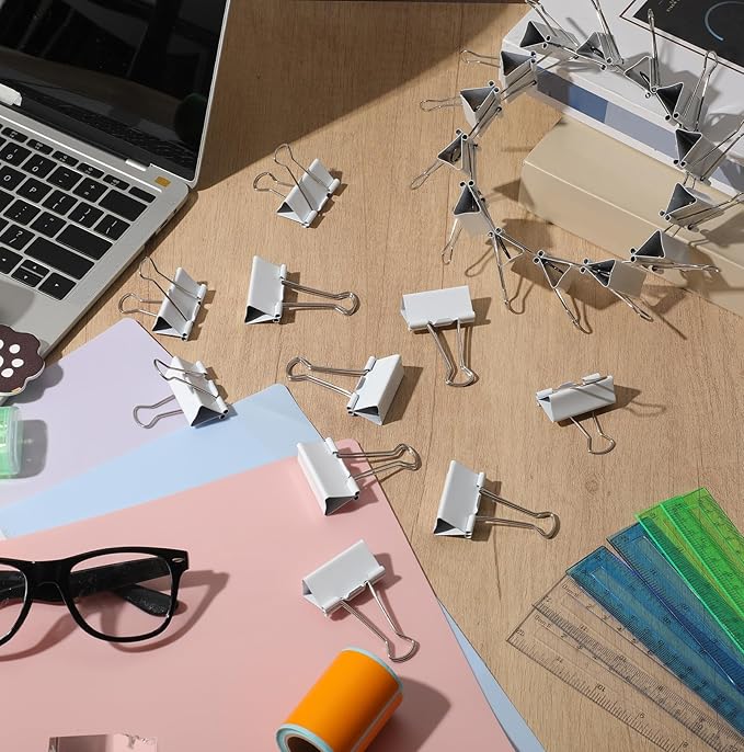 Jetec 100 Pack 1.6in/41mm White Metal Binder Clips Bulk Medium Reusable Fold Back Binder Clips Paper Clamps Spring Steel Sturdy for Home School Office Supplies