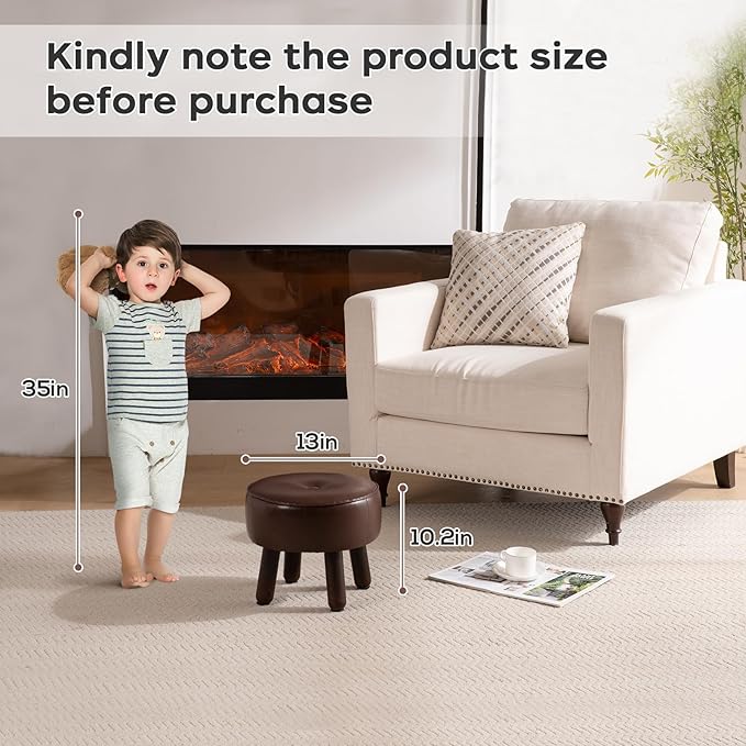 Small Foot Stool Ottoman, Round Pouf Foot Rest, Footstool Ottomans with Rubber Legs Under Desk, Faux Leather Footrest for Couch, Living Room, Bedroom, Office, 13''L x 13''W x 10.2''H, Coffee