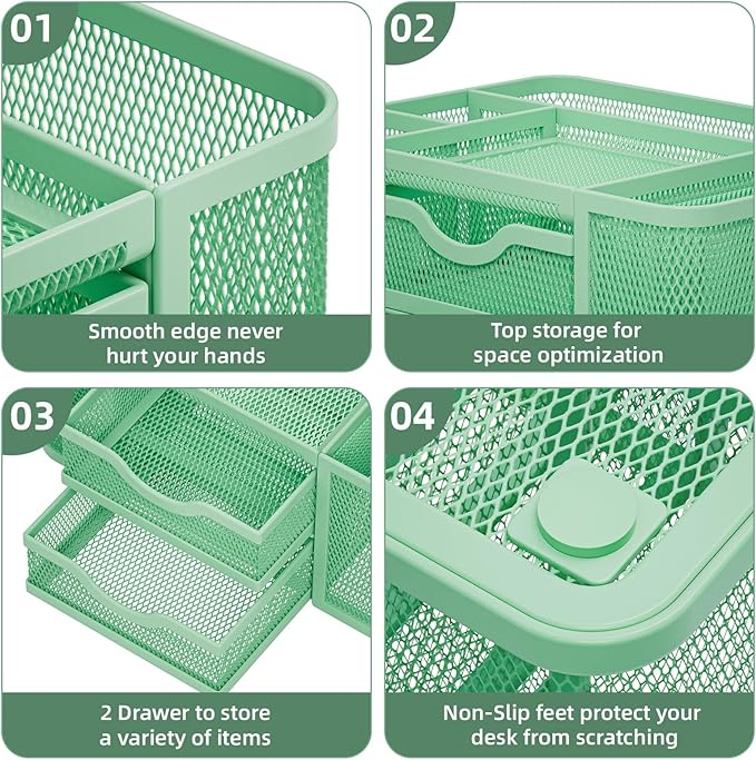 Marbrasse Mesh Desk Organizer, Pen Organizer with 2 Drawer, Multi-Functional Pencil Holder, Desk Organizers and Accessories with 5 Compartments + Drawer for Office Art Supplies (Green)