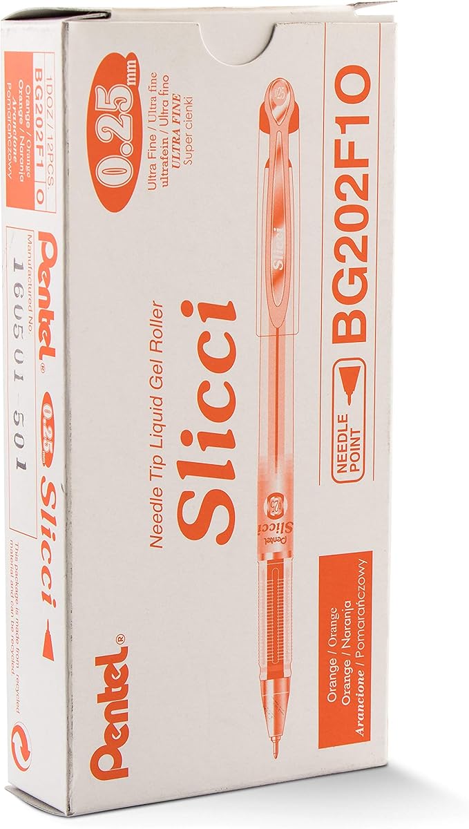 Pentel Arts Slicci 0.25 mm Extra Fine Gel Pen, Orange Ink, Box of 12 (BG202-F1)