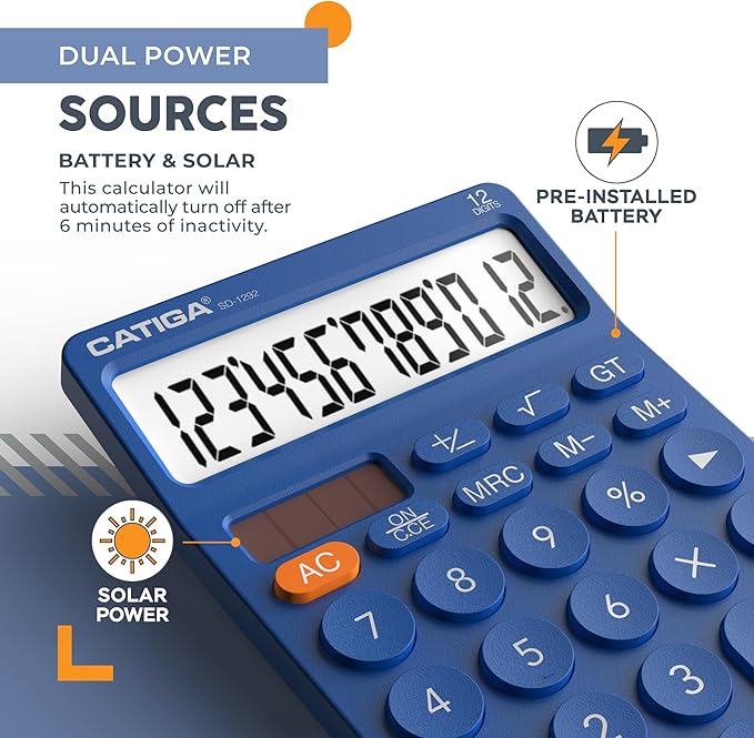 CATIGA 12 Digit Desktop Calculator Basic Desk Calculator with Large LCD Display, Big Buttons, 4 Function, Solar and Battery Dual Power, for Office, School, Home, SD-1292 Navy Blue