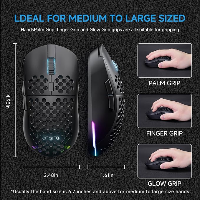 TMKB Falcon M1 Wireless Gaming Mouse, 24000DPI Optical Sensor, 180Hrs Battery, Lightweight, 6 Programmable Buttons, RGB Strip, 2.4G/BT5.2/USB-C Wired for PC/Mac/Laptop - Matte Black