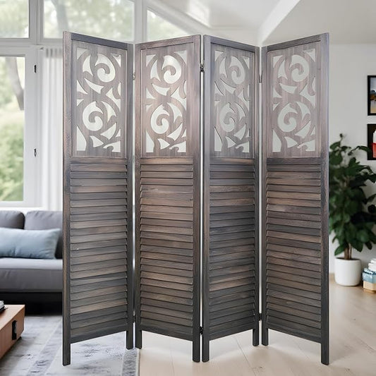 NicBex 4 Panel Room Divider 5.6FT Wood Carved Room Dividers, Folding Privacy Screens Portable Freestanding Partition Wall Dividers for Home Bedroom Office, Rustic Brown