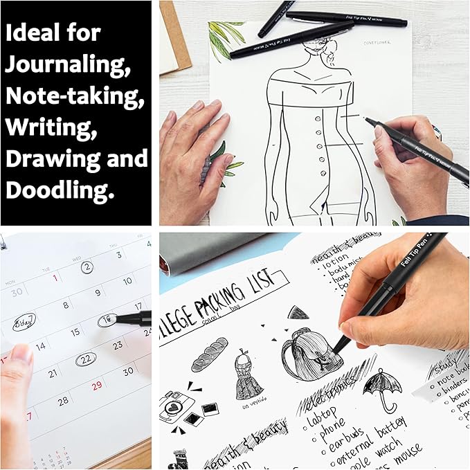 Lelix Felt Tip Pens, 30 Black Pack, 0.7mm Medium Point, Felt Tip Markers Pens for Journaling, Writing, Note Taking, Planner, Perfect for School Office and Art Supplies