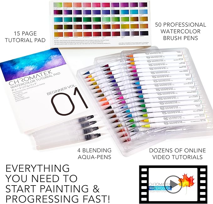 CHROMATEK 54 Watercolor Pens Set | Including 15 Page Pad & Online Video Tutorial Series | 4 Aquapens & 50 Unique Colors | Real Brush Pens | Easily Blendable, Vivid, Smooth | Professional Art Supplies