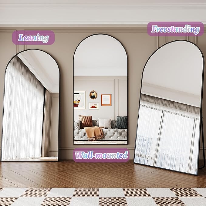 Full Length Mirror, 78"x38" Oversized Floor Mirror Freestanding, Full Body Floor Standing Mirror with Stand, Hanging Mounted for Bedroom Living Room, Black, Arched Style