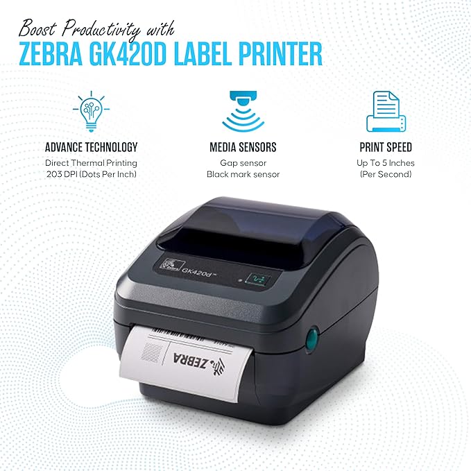 GK420D Zebra Direct Thermal Label & Barcode Printer - Parallel/USB Connectivity- 1 Year Warranty - Comes with 24V, 4x6 Label Roll, USB 2.0 Cable & Microfiber Cleaning Cloth