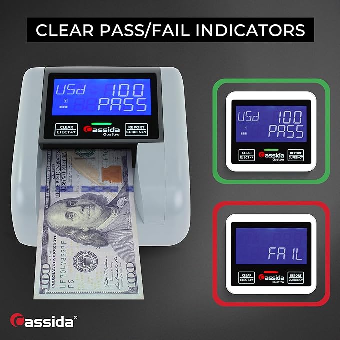Cassida Quattro Fast Automatic Currency Counterfeit Detector with Advanced Sensors (UV,MG,IR,MT,Thickness,Size) - All-Orientation Feeding - Rechargeable Battery - 3.5" Value & Pass/Fail Display