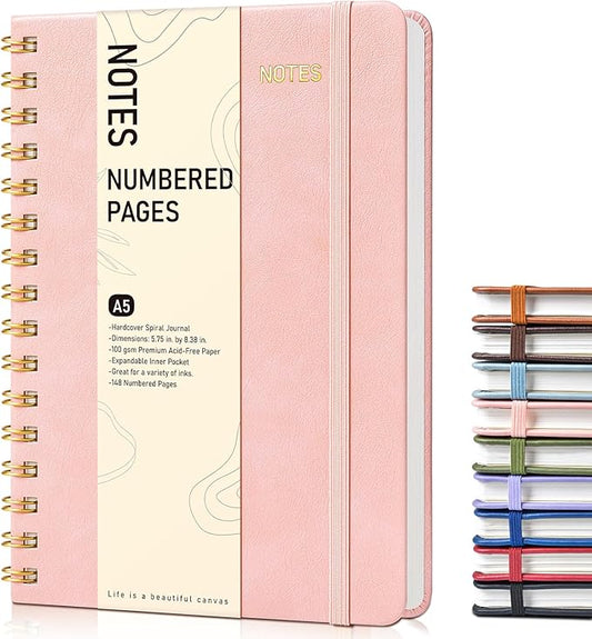 Lined Spiral Journal Notebook for Women, A5 Hardcover Notebooks for Work, 150 Numbered Pages Pink Notebook, 100GSM College Ruled Journals for Writing, Note Taking, 5.75" x 8.38"