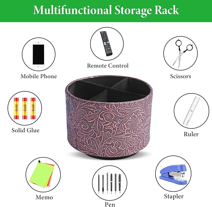 lizimandu Round Leather Art Supply Organizer,Remote Control Holder,360 Degree Spinning,Multi-Functional Pencil Holder,4 Compartments Desktop Stationary Organizer(1-Carved Cooper Red)