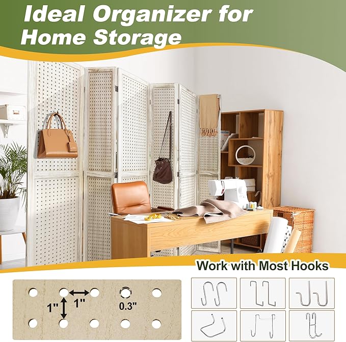 NicBex 4 Panel Pegboard Display,5.6FT Wood PegBoard Room Dividers,Folding Privacy Screens Portable Freestanding Display Board for Craft/Art Shows,Room Separation,Natural Wood