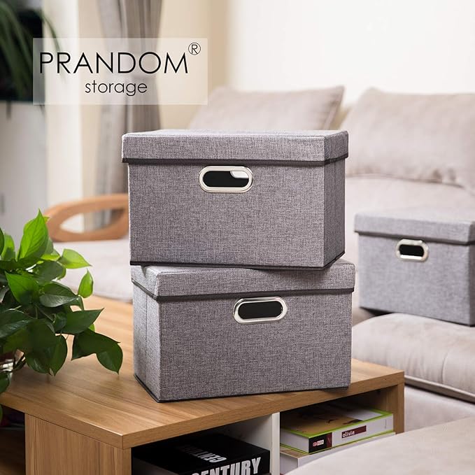 PRANDOM Foldable Storage Boxes with Lids [3-Pack] Linen Fabric Collapsible Storage Bins Organizer Containers Baskets Cube with Cover for Home Bedroom Closet Office Nursery (14.9x9.8x9.8)