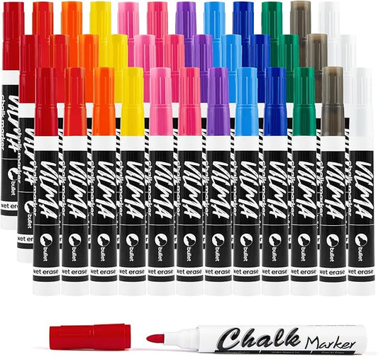 VILMA Liquid Chalk Markers 36 Pack – 12 Bright Colors – Wet Erase, Dust-Free, Non-Toxic Chalk Pens with Round Tip for Teachers, Classrooms, Chalkboards, Glass, Windows, LED Boards, Bistro Signs