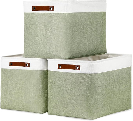 DULLEMELO 16 inch Fabric Storage Basket, Decorative Storage Boxes with Leather Handle for Closet Shelf Nursery, Collapsible Linen Storage Bins for Organizing Toys Book Towel Organizers(White&Green)
